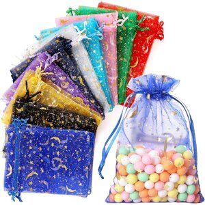 100 Pieces Moon Star Organza Bags, Mixed Color 4x4.7210X12CM Satin Drawstring Or